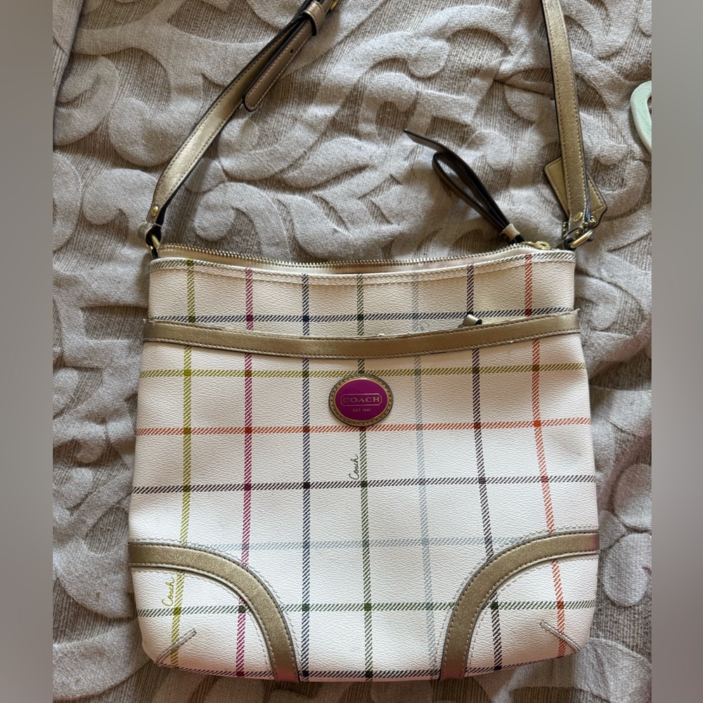 Coach 2010 Released White and Tan Crossbody Bag with Plaid Design